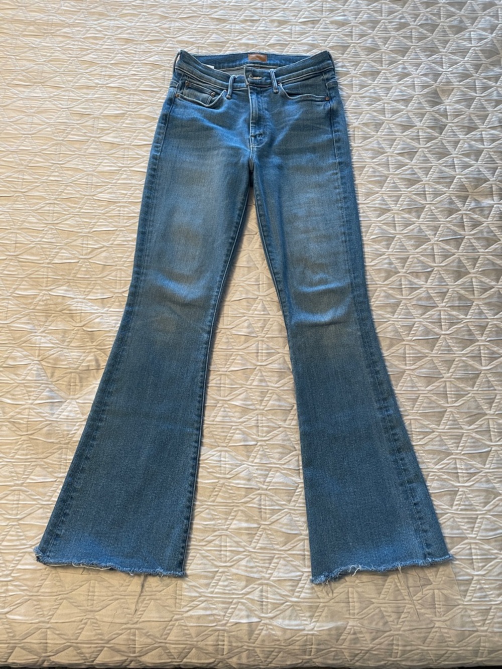 MOTHER Blue High-Rise Flare Jeans with Raw Hem